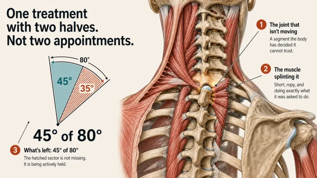Illustration of the neck and upper back with the guarding muscle marked, beside a dial showing 45 degrees of a possible 80 degrees of motion still available
