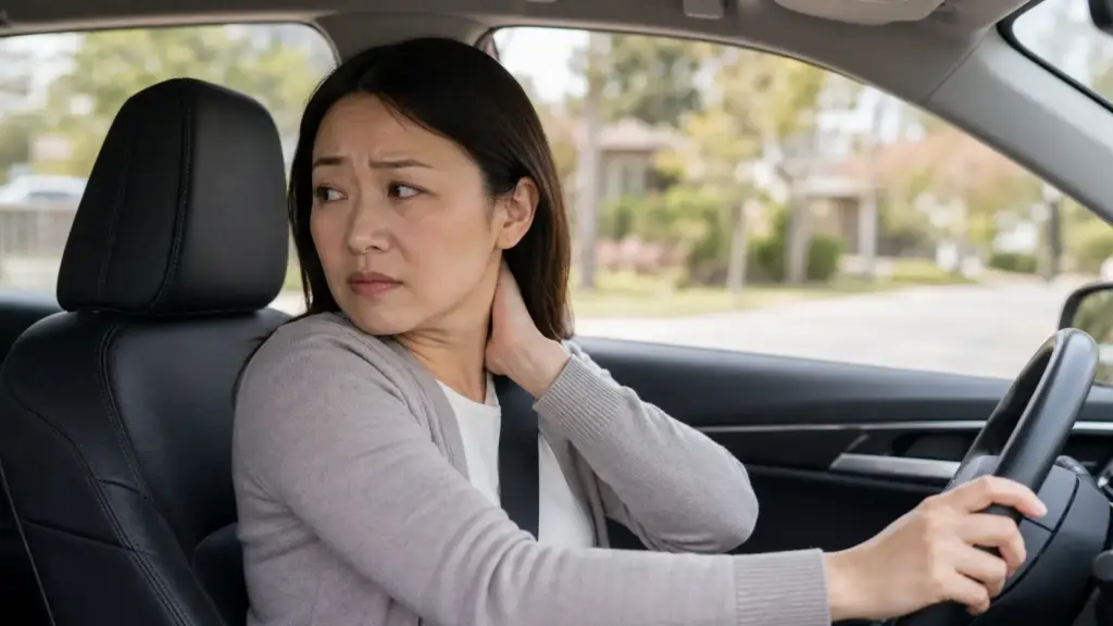 A driver holding her neck in pain in the front seat after a collision