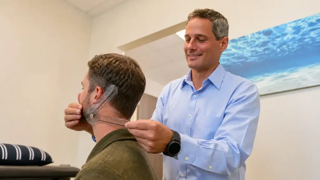 Dr. Penner measuring a patient's neck rotation with a goniometer during a chiropractic exam