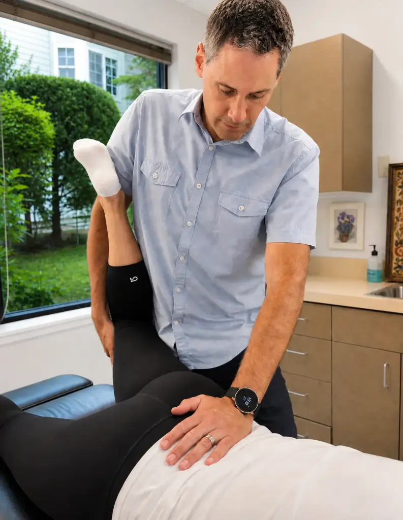 Dr. Penner steadying a patient's low back while taking the hip into extension, face down on the table