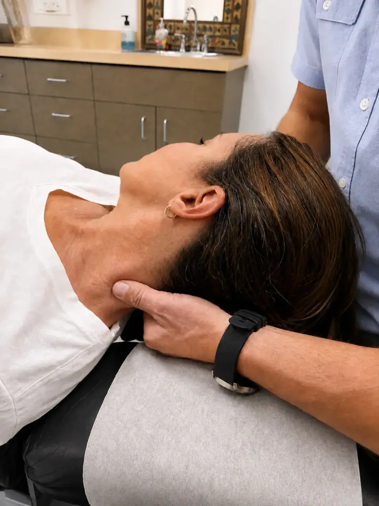 Dr. Penner working the suboccipital and cervical muscles at the base of a patient's skull