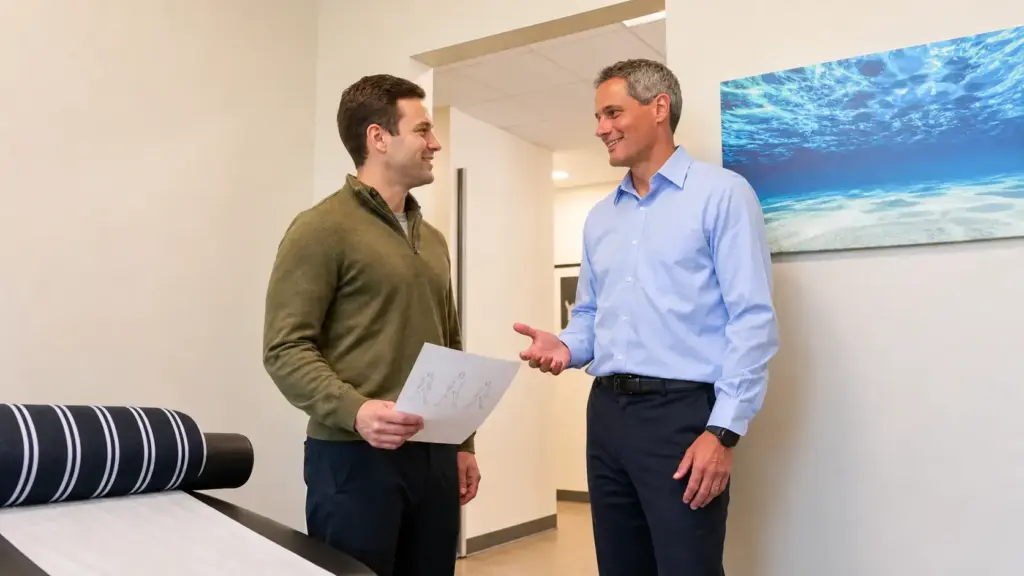 Dr. Penner handing a patient a written home exercise plan at the end of a visit